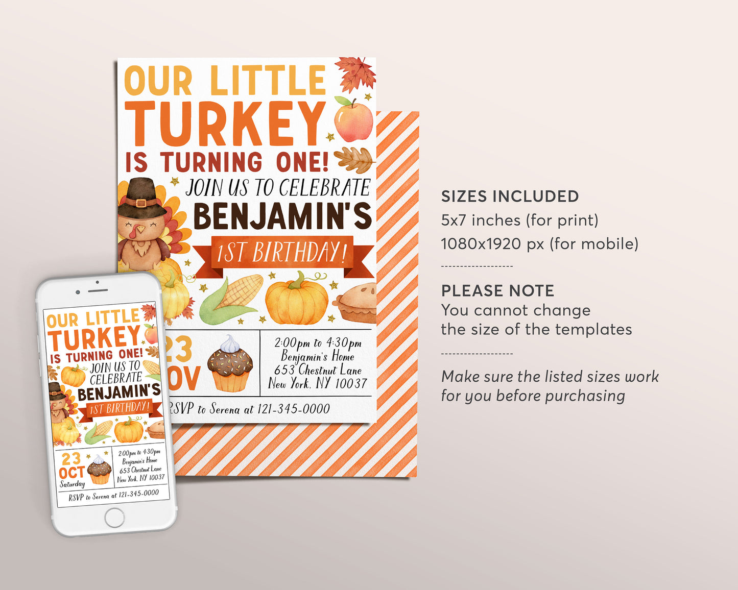 Little Turkey First Birthday Invitation Editable Template, Kids Thanksgiving Theme 1st Birthday Party Invite, Autumn Fall Birthday Evite