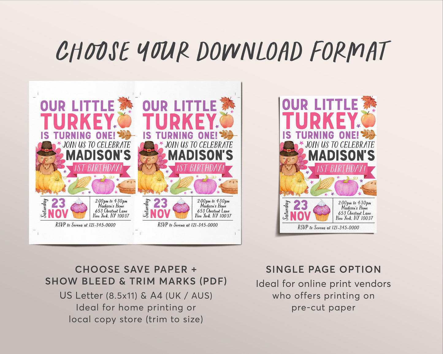 Little Turkey First Birthday Invitation Editable Template, Kids Girl Thanksgiving Theme 1st Birthday Party Invite, Autumn Fall Birthday