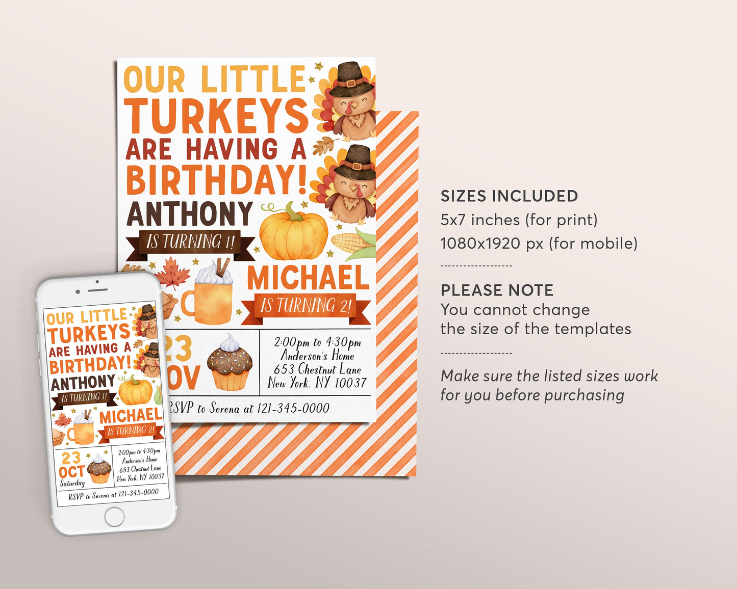 Little Turkey Joint Siblings Birthday Invitation Editable Template, Kids Twins Thanksgiving Our Little Turkeys Party Invite, Autumn Fall