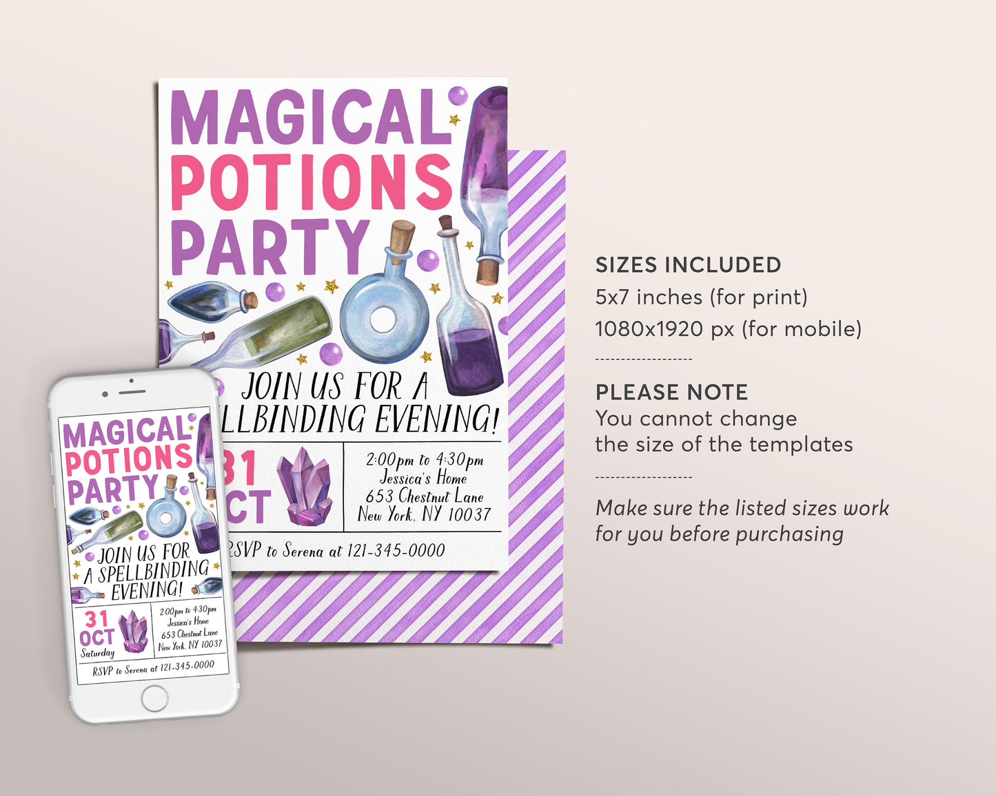 Magic Potion Party Invitation Editable Template, Magical Potions Witchcraft Night Party Invite, Halloween Witch Wizard Party Evite Printable