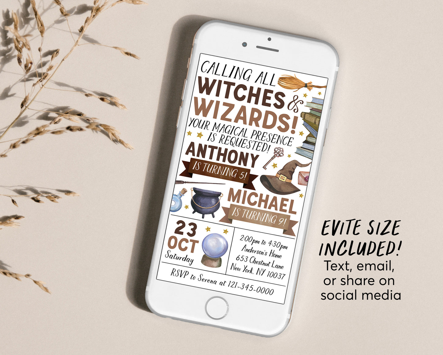 Wizard Joint Siblings Birthday Invitation Editable Template, Twins Witches and Wizards Theme Magical Birthday Party Invite, Magic School