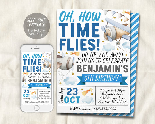 Airplane Birthday Invitation Editable Template