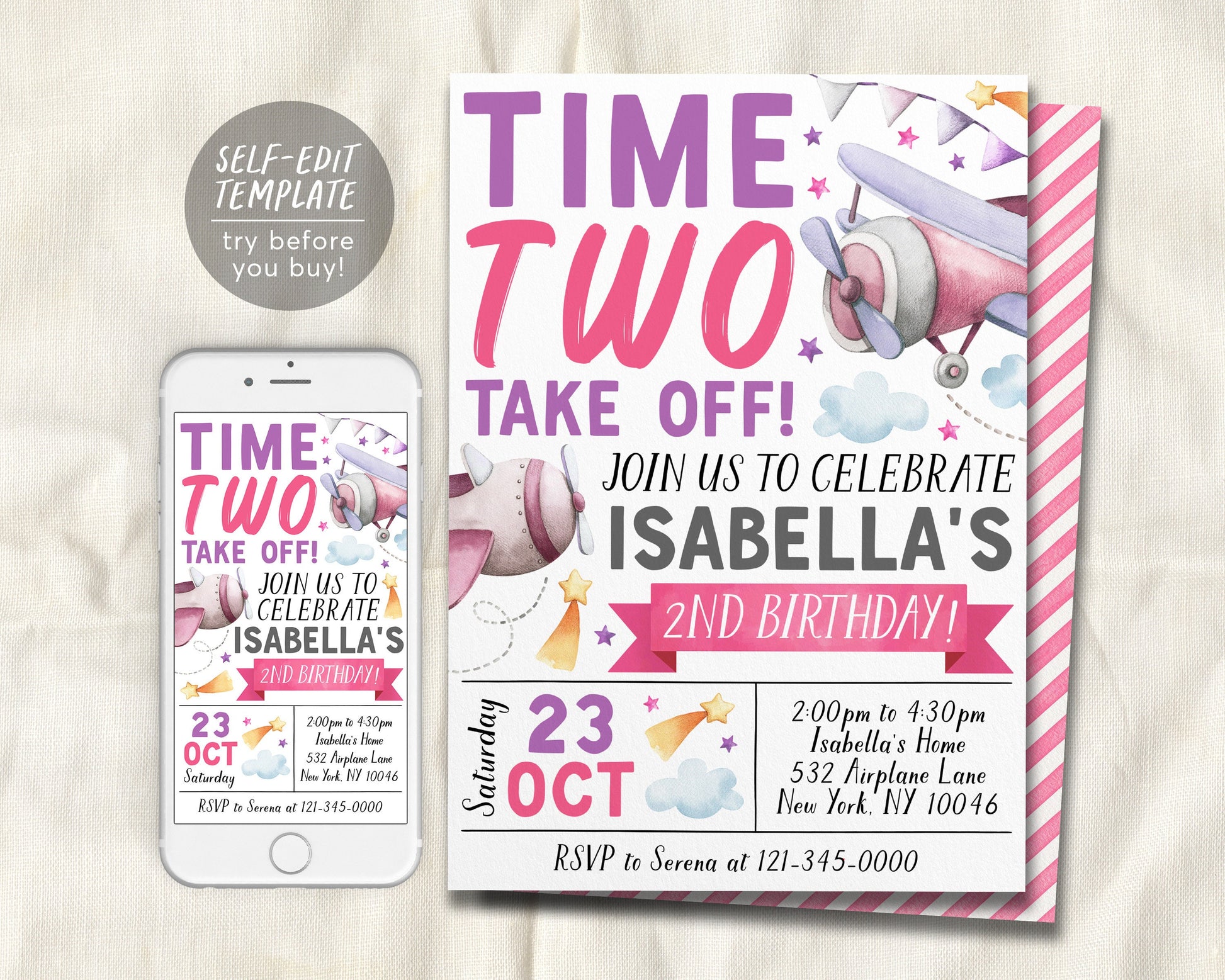 Airplane 2nd Birthday Invitation Editable Template