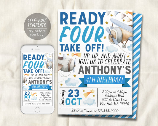 Airplane 4th Birthday Invitation Editable Template