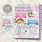 Mermaid and Dinosaur Joint Siblings Birthday Invitation Editable Template