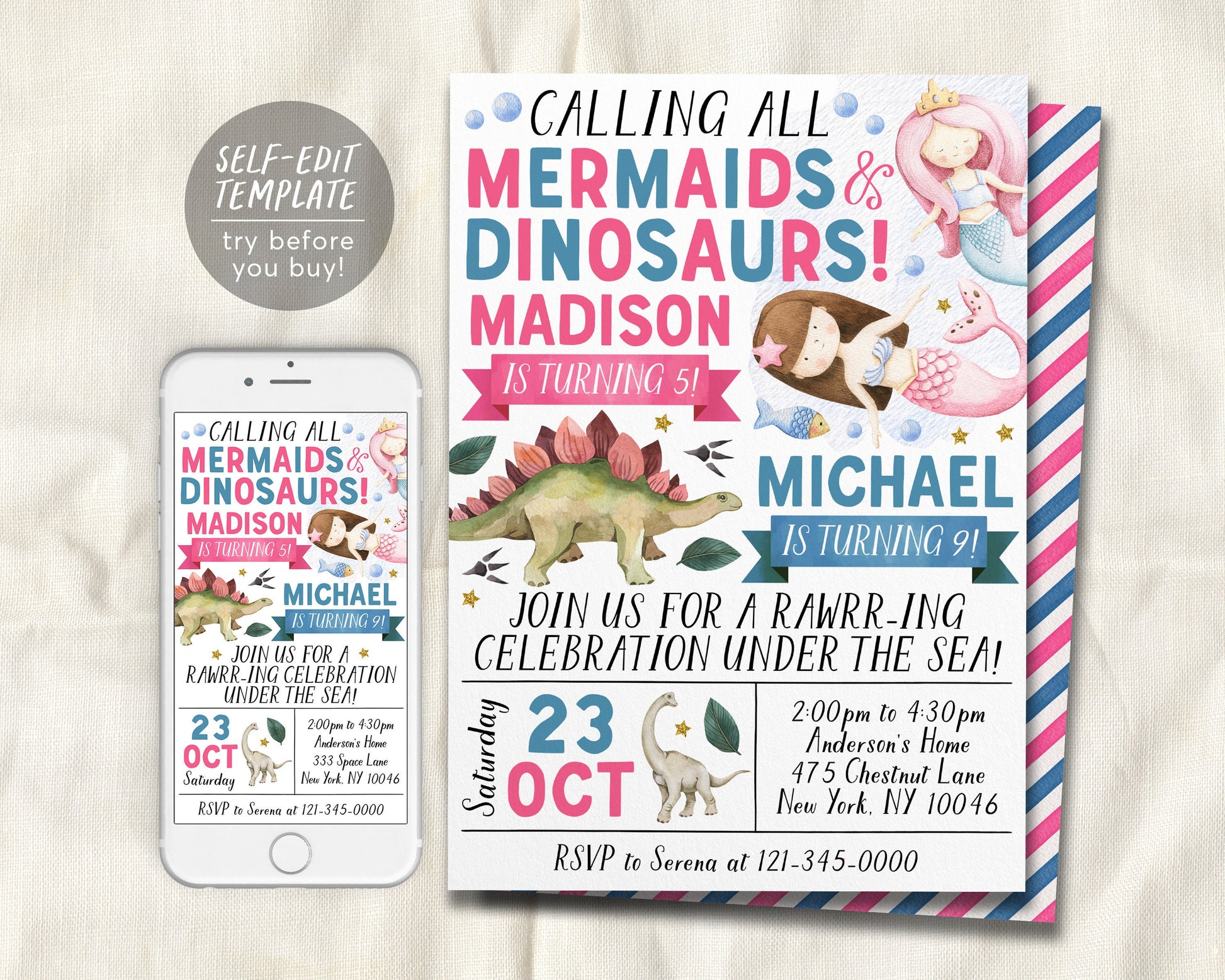 Mermaid and Dinosaur Joint Siblings Birthday Invitation Editable Template