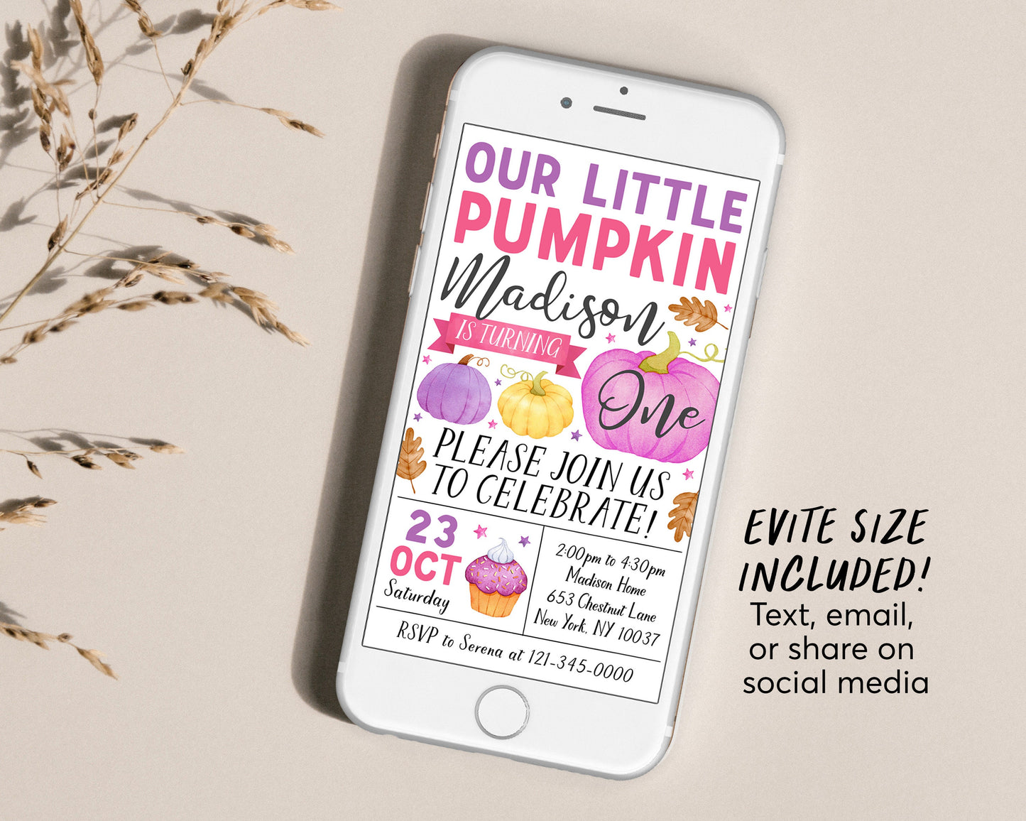 Our Little Pumpkin First Birthday Invitation Editable Template, Kids Girl Thanksgiving 1st Birthday Party Invite, Pumpkins Autumn Fall Evite