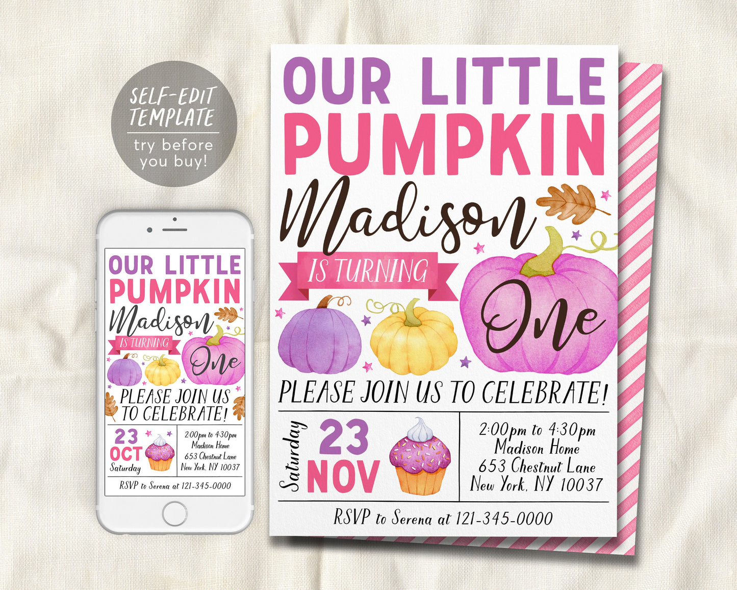 Our Little Pumpkin First Birthday Invitation Editable Template, Kids Girl Thanksgiving 1st Birthday Party Invite, Pumpkins Autumn Fall Evite