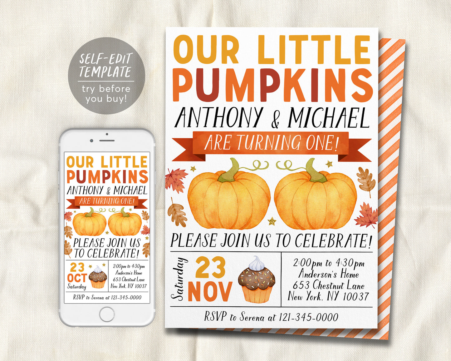 Our Little Pumpkins Joint Twins First Birthday Invitation Editable Template