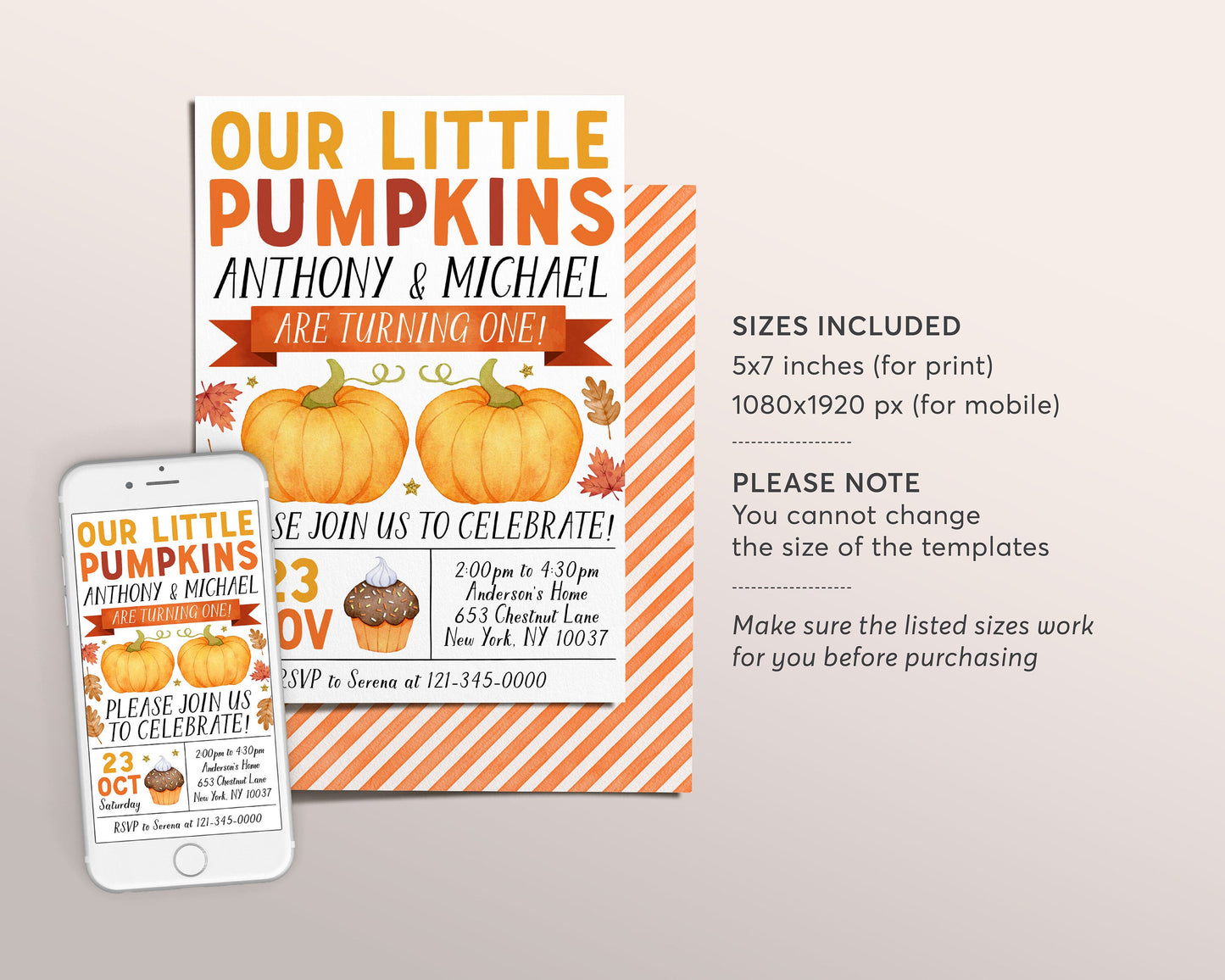 Our Little Pumpkins Joint Twins First Birthday Invitation Editable Template, Siblings Thanksgiving 1st Birthday Party Invite, Pumpkins Evite