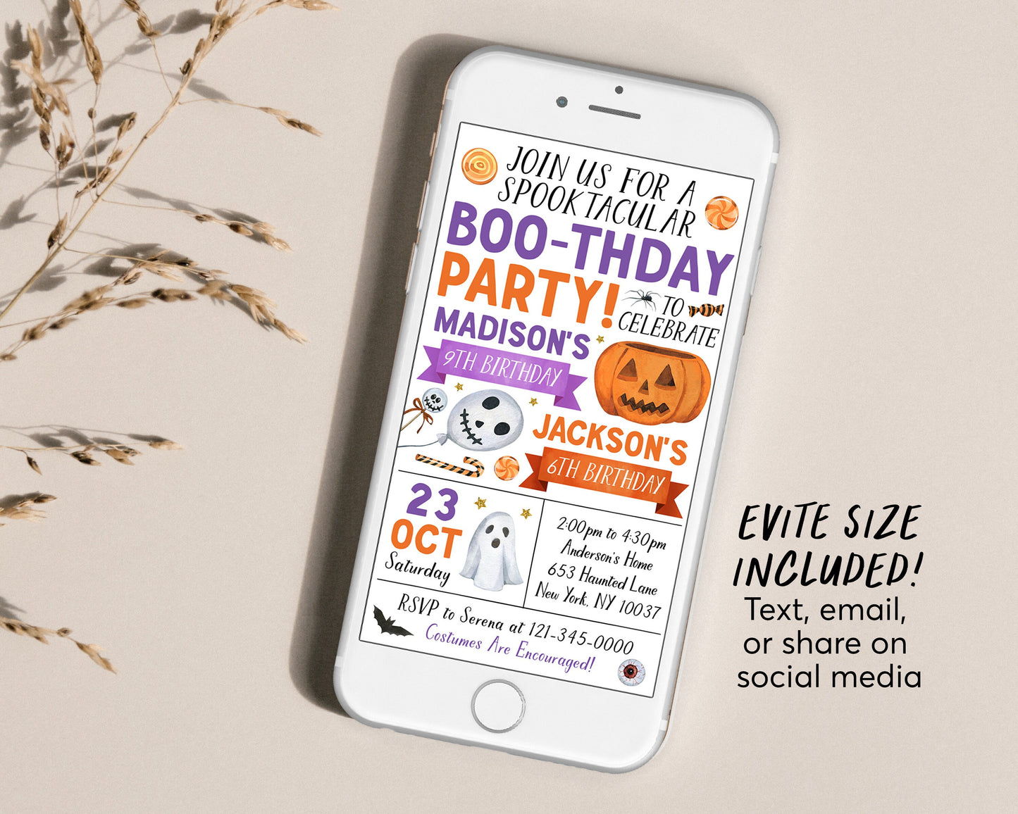 Halloween Joint Siblings Birthday Invitation With Photo Editable Template, Twins Ghost Boo-thday Party Invite, Kids Spooktacular Party Evite