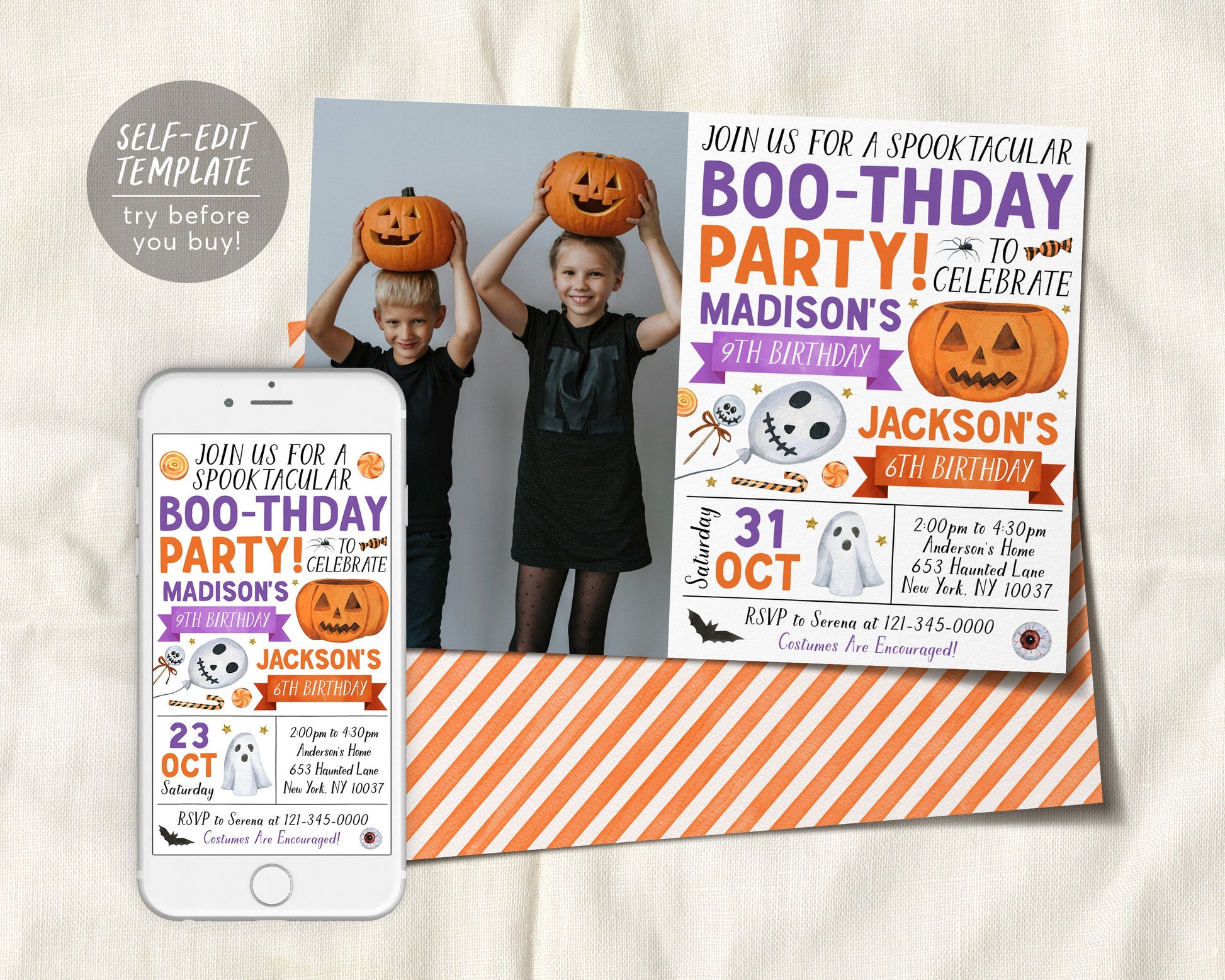 Halloween Joint Siblings Birthday Invitation With Photo Editable Template