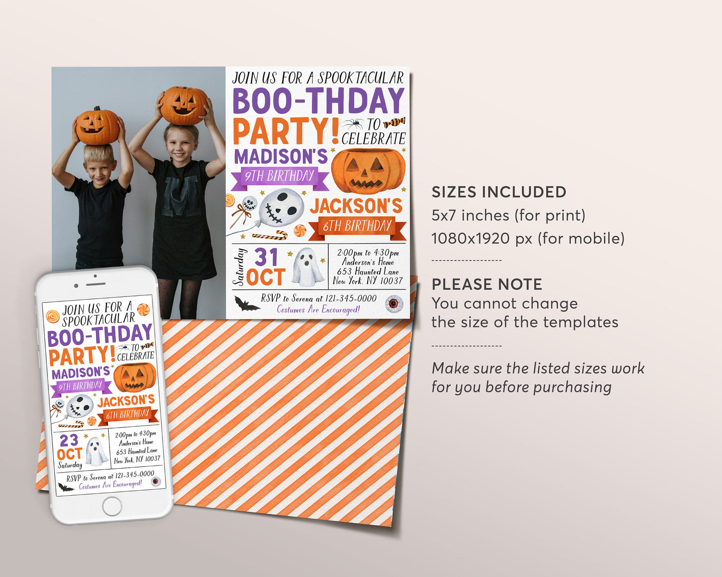 Halloween Joint Siblings Birthday Invitation With Photo Editable Template, Twins Ghost Boo-thday Party Invite, Kids Spooktacular Party Evite