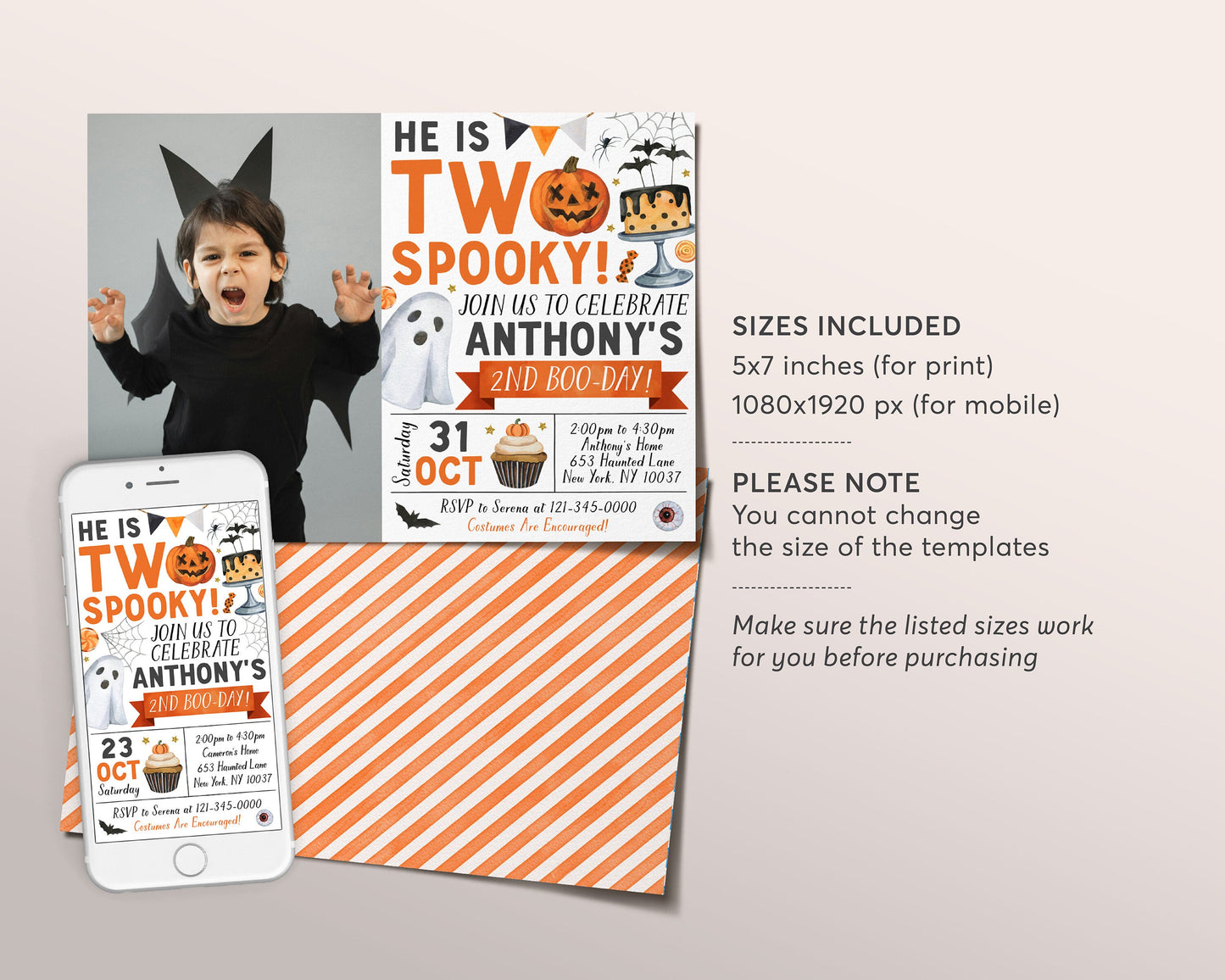 Two Spooky Halloween Birthday Invitation With Photo Editable Template, Ghost Spooky 2nd Birthday Party Invite Spooktacular Costume Party