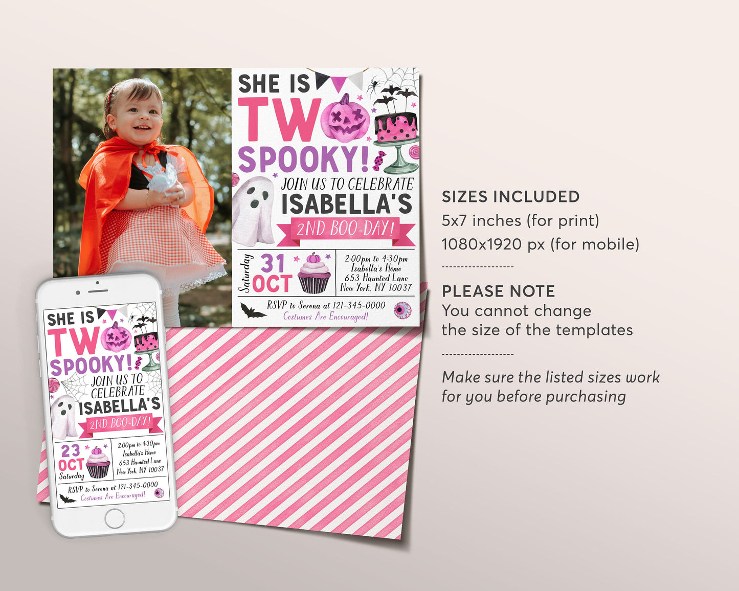 Two Spooky Halloween Birthday Invitation With Photo Editable Template, Girl Ghost Spooky 2nd Party Invite Spooktacular Costume Party Evite