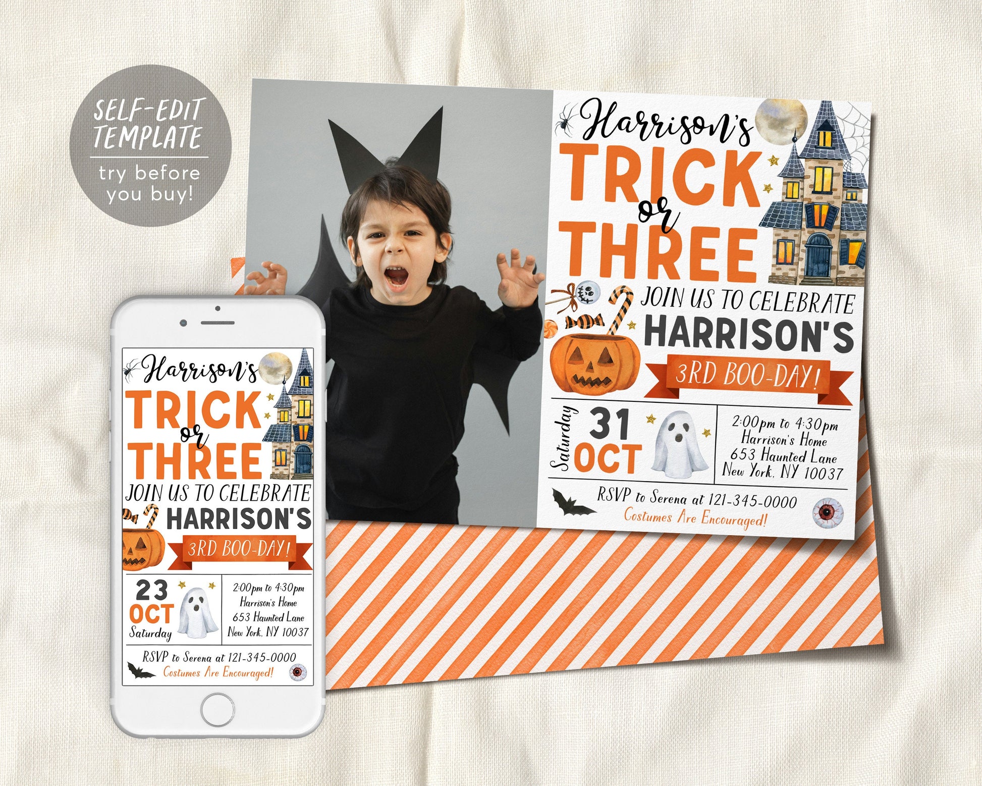 Trick or Three Halloween 3rd Birthday Invitation With Photo Editable Template