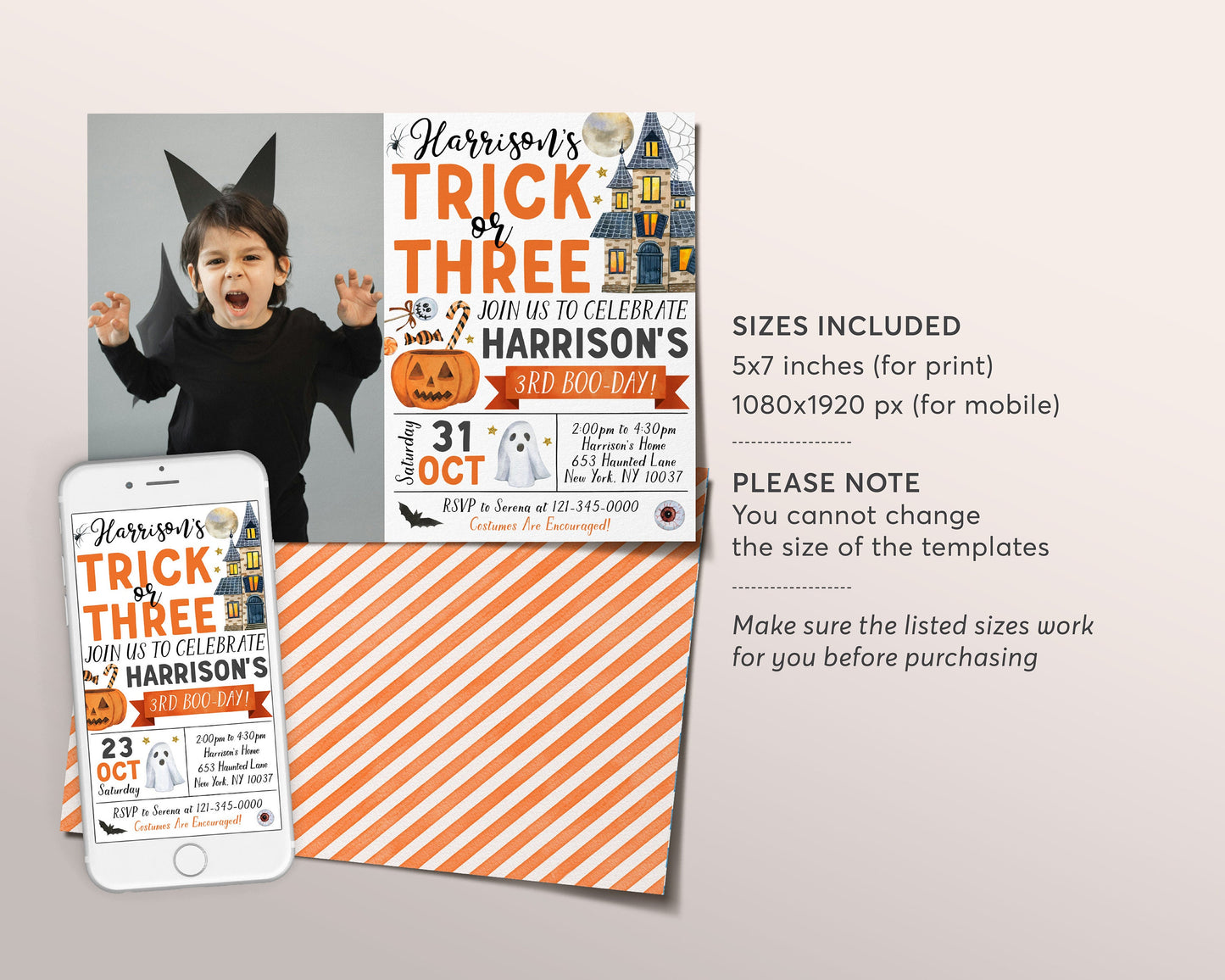 Trick or Three Halloween 3rd Birthday Invitation With Photo Editable Template, Unisex Ghost Spooky Third Birthday Party Invite Party Evite