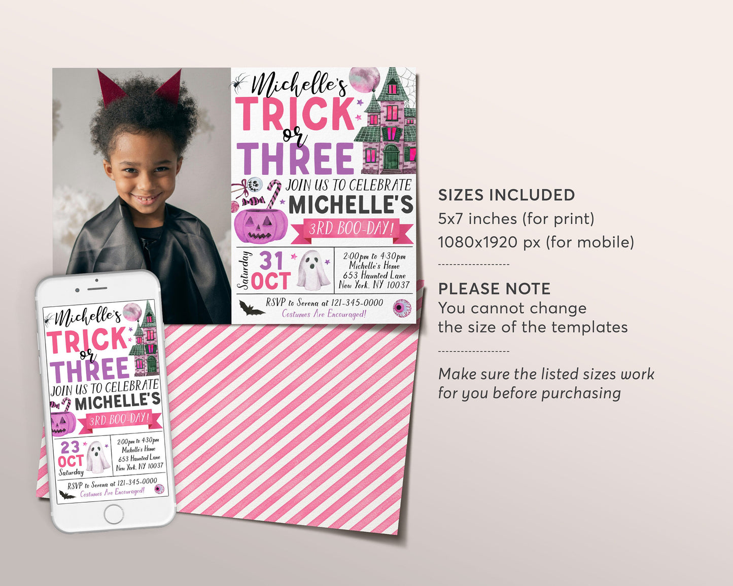 Trick or Three Halloween 3rd Birthday Invitation With Photo Editable Template, Girl Ghost Spooky Third Party Invite Spooktacular Party Evite