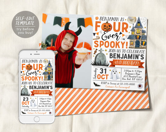 Four Ever Spooky Halloween 4th Birthday Invitation With Photo Editable Template