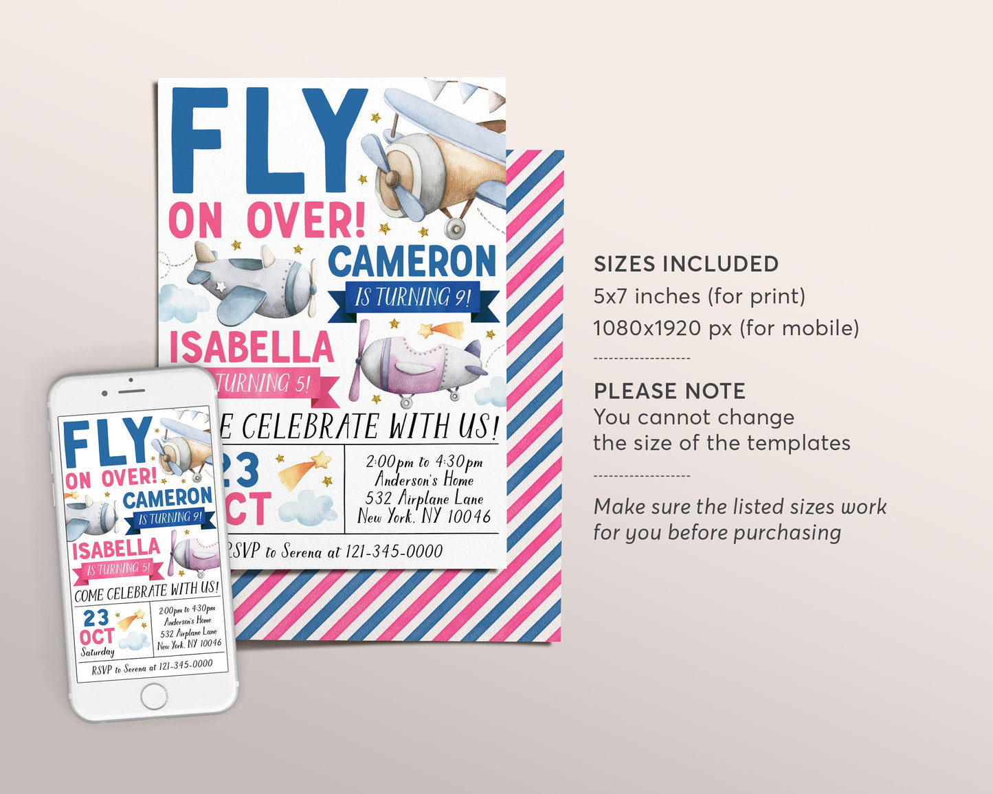 Airplane Joint Siblings Birthday Invitation Editable Template, Twins Girl Boy Fly On Over Birthday Party Invite, Aviation Plane Theme Evite