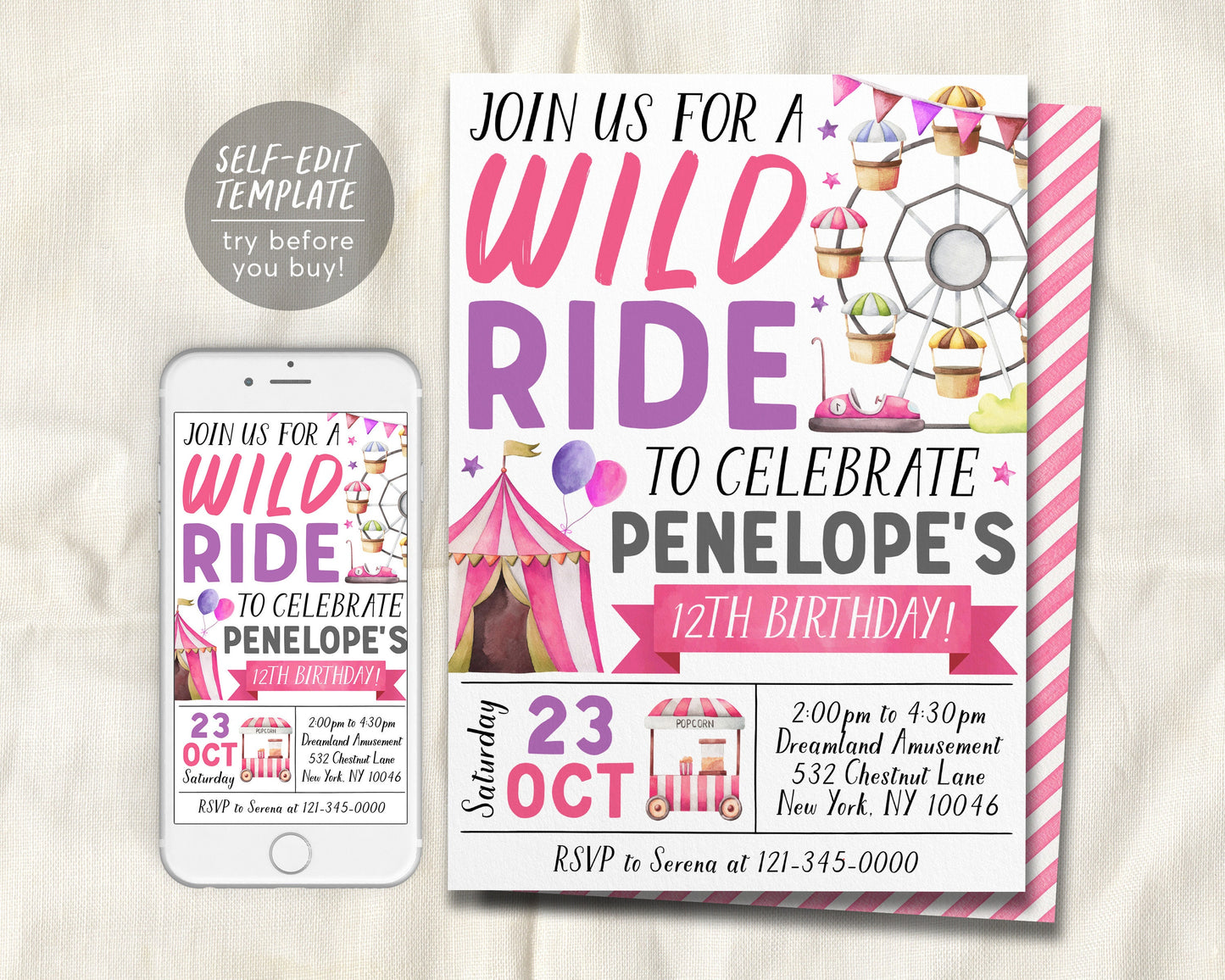 Amusement Park Birthday Invitation Editable Template