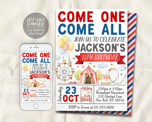 Carnival Theme Birthday Invitation Editable Template