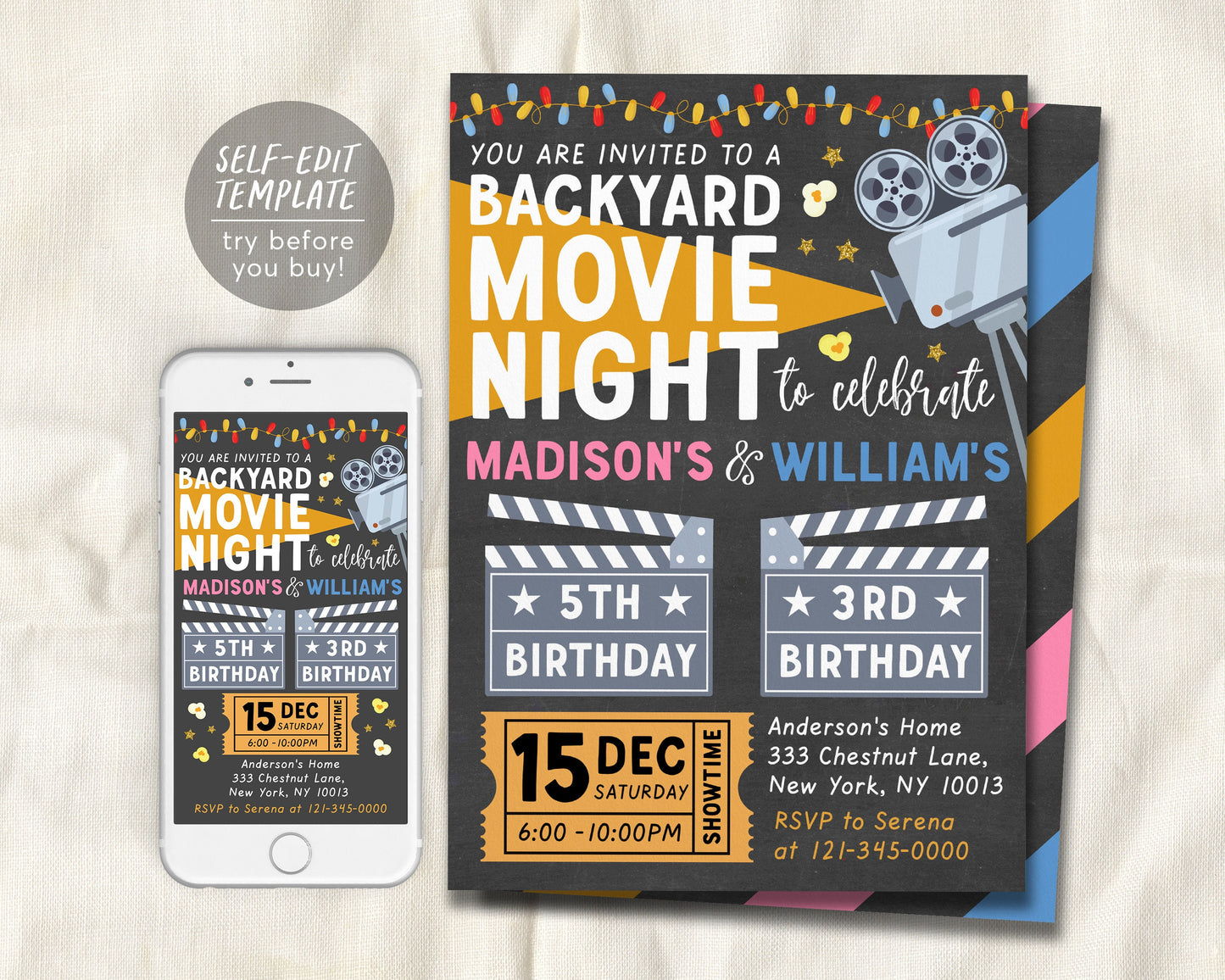 Backyard Movie Night Joint Siblings Birthday Invitation Editable Template