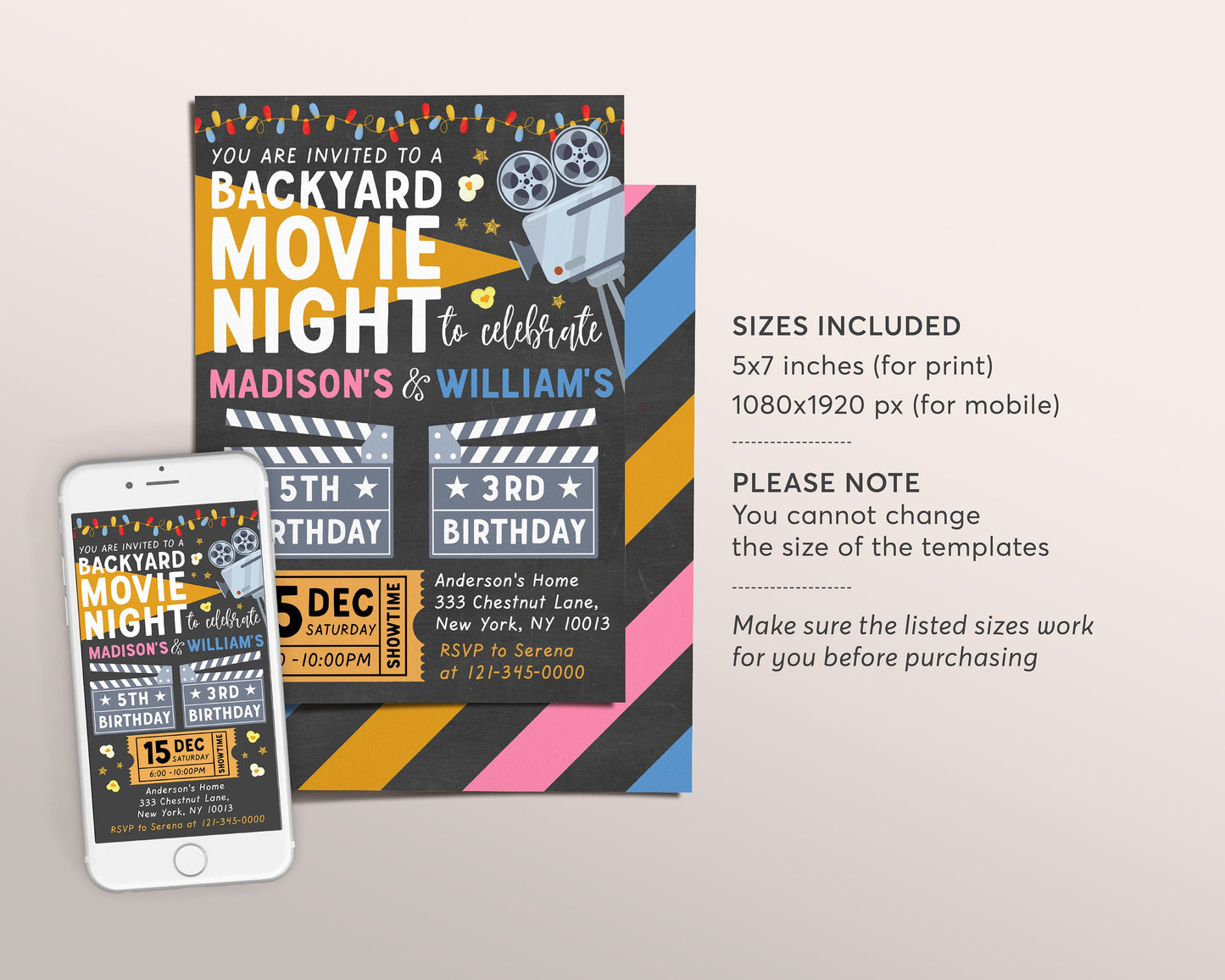 Backyard Movie Night Joint Siblings Birthday Invitation Editable Template, Boy Girl Twins Outdoor Movie Party Popcorn Sleep Over Invite