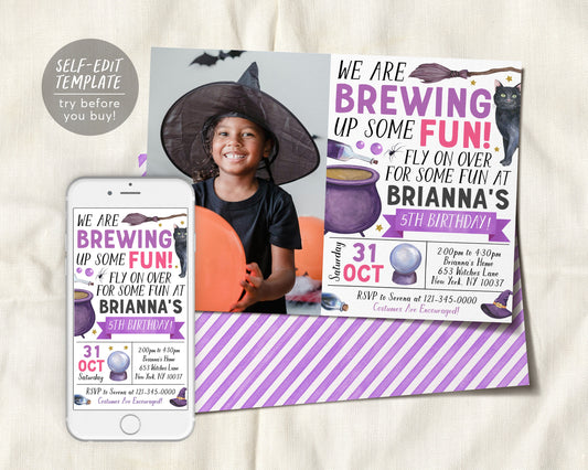 Witch Birthday Invitation With Photo Editable Template