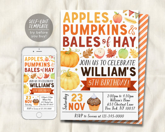 Apple and Pumpkins Birthday Invitation Editable Template