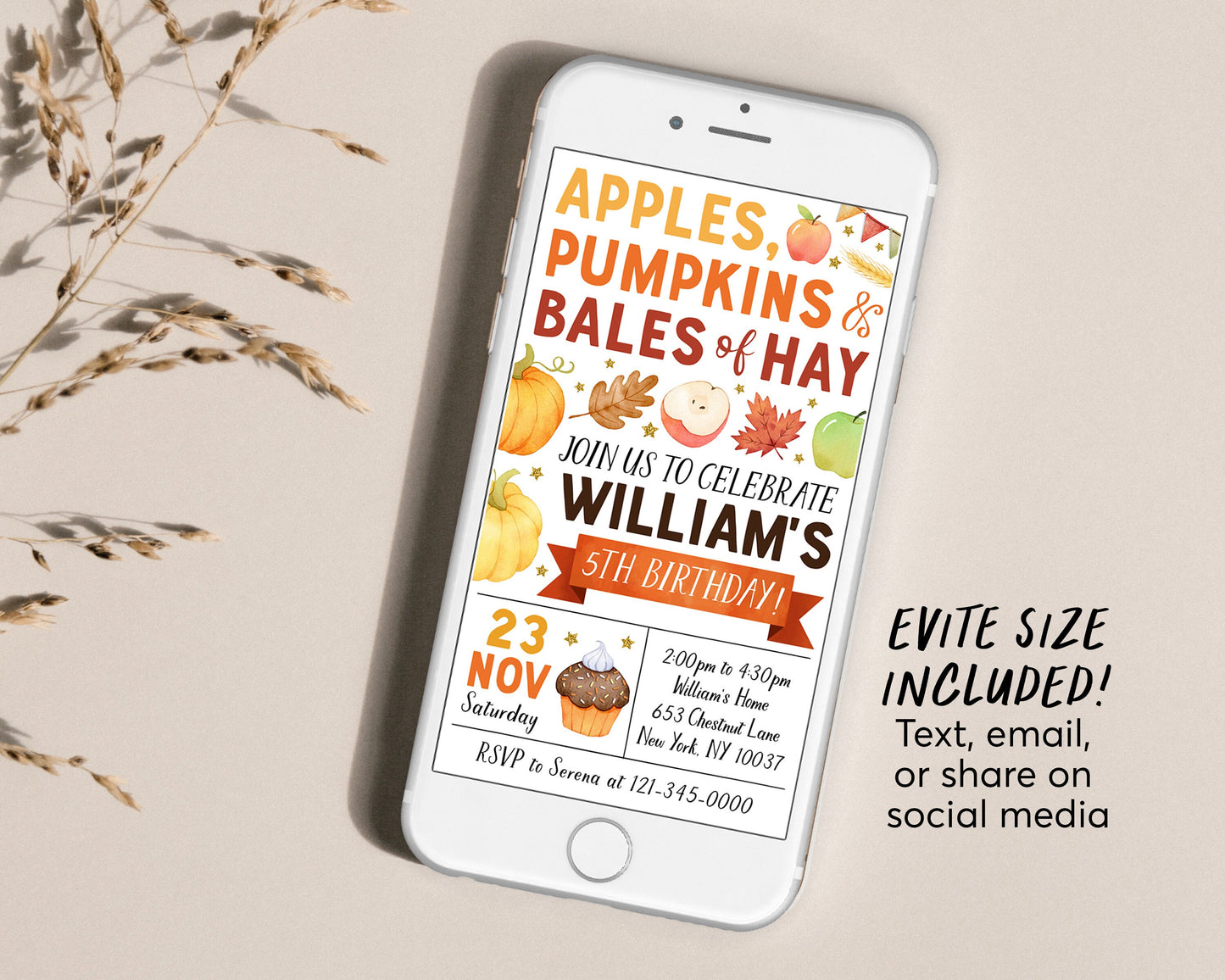 Apple and Pumpkins Birthday Invitation Editable Template, Kids Unisex Thanksgiving Bales Of Hay Party Invite, Pumpkin Patch Autumn Fall