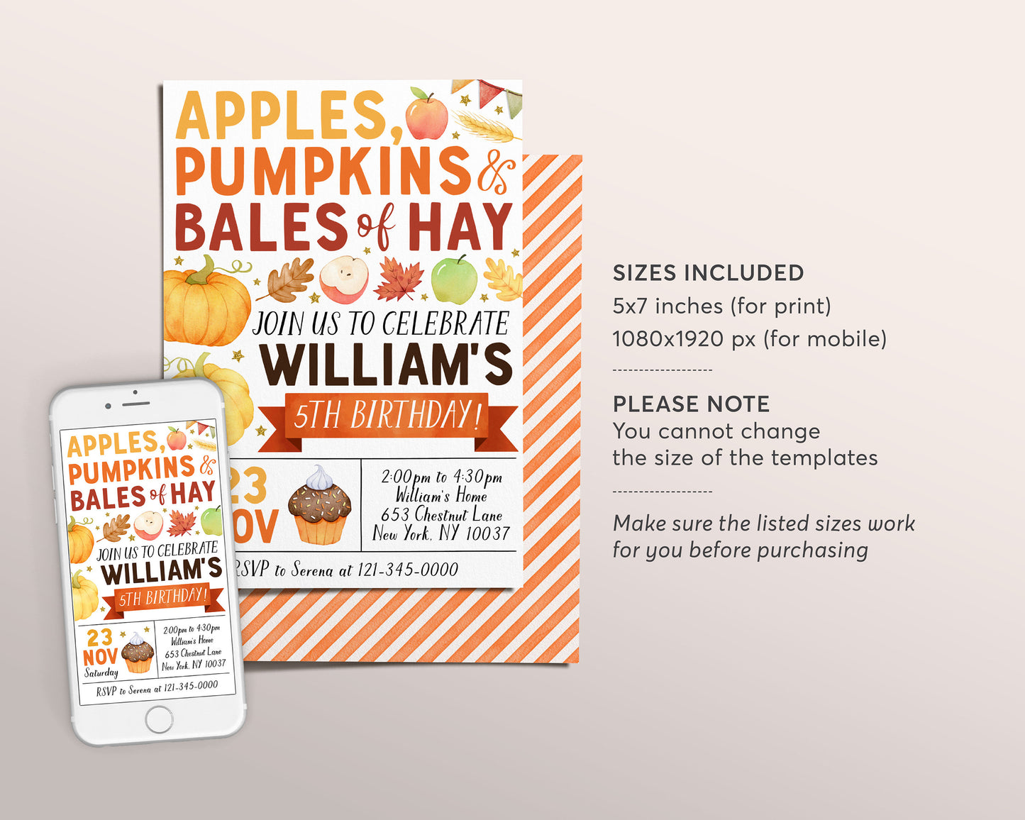 Apple and Pumpkins Birthday Invitation Editable Template, Kids Unisex Thanksgiving Bales Of Hay Party Invite, Pumpkin Patch Autumn Fall