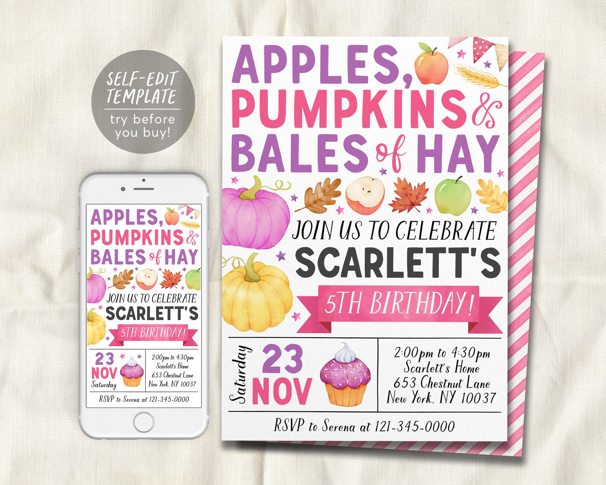 Apple and Pumpkins Birthday Invitation Editable Template