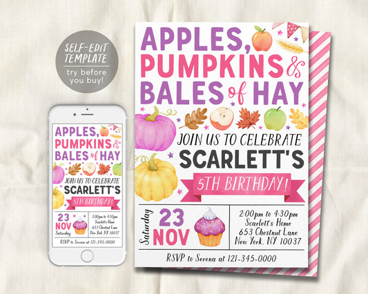 Apple and Pumpkins Birthday Invitation Editable Template