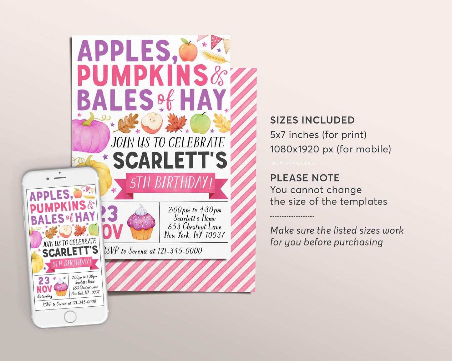 Apple and Pumpkins Birthday Invitation Editable Template, Kids Unisex Thanksgiving Bales Of Hay Party Invite, Pumpkin Patch Autumn Fall