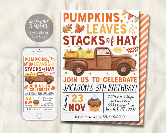 Pumpkin Truck Birthday Invitation Editable Template