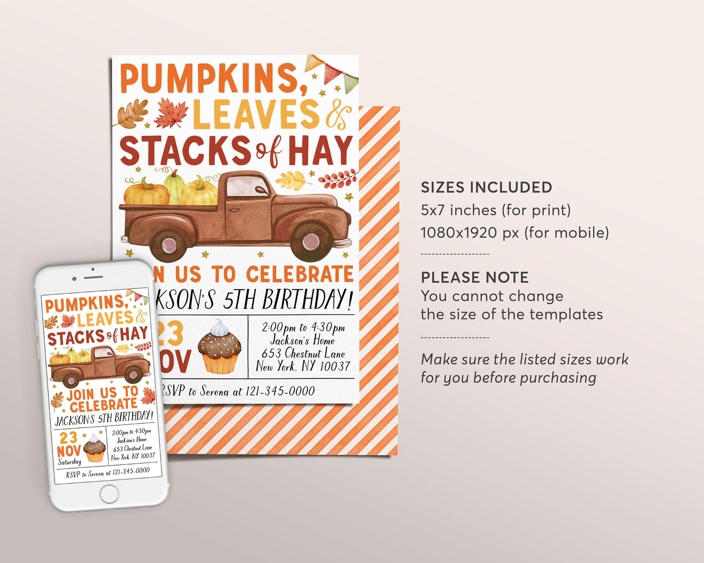 Pumpkin Truck Birthday Invitation Editable Template, Kids Unisex Pumpkin Patch Autumn Party Invite, Pumpkins Leaves Stacks Of Hay Evite