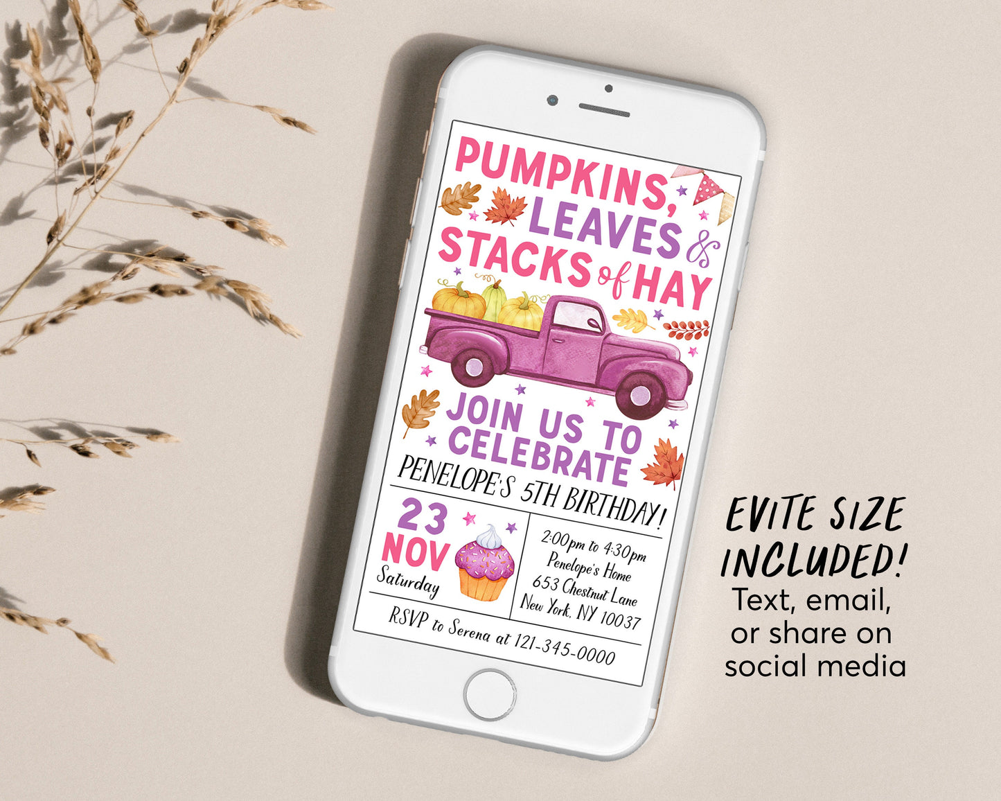 Pumpkin Truck Birthday Invitation Editable Template, Kids Girl Pumpkin Patch Autumn Party Invite, Pumpkins Leaves Stacks Of Hay Evite