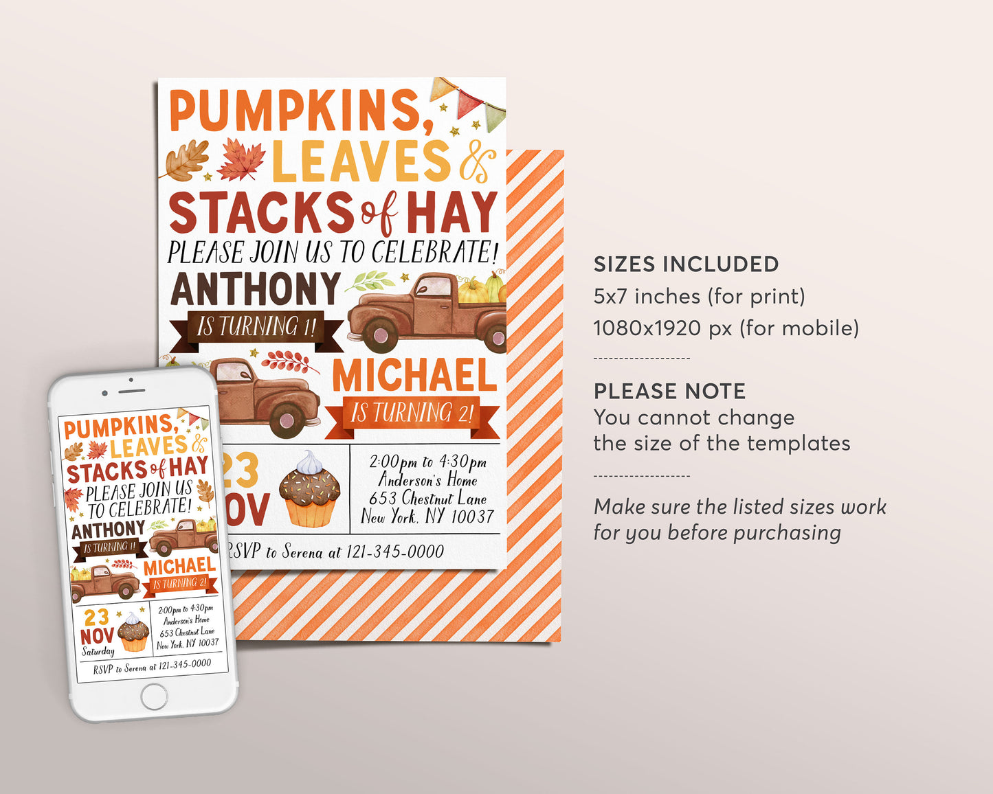 Pumpkin Truck Joint Siblings Birthday Invitation Editable Template, Kids Twins Boys Autumn Party Invite, Pumpkins Leaves Stacks Of Hay Evite