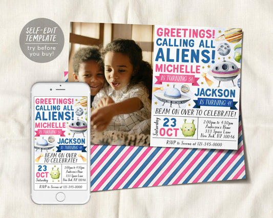 UFO Alien Joint Siblings Birthday Invitation With Photo Editable Template