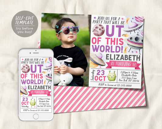 Outer Space Aliens Birthday Invitation With Photo Editable Template