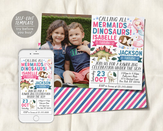 Mermaid and Dinosaur Joint Siblings Birthday Invitation With Photo Editable Template, Twins Boy Girl Dinosaurs Mermaids Party Invite Evite