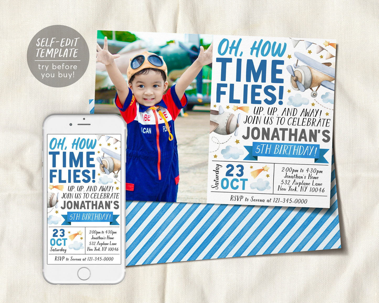 Airplane Birthday Invitation With Photo Editable Template