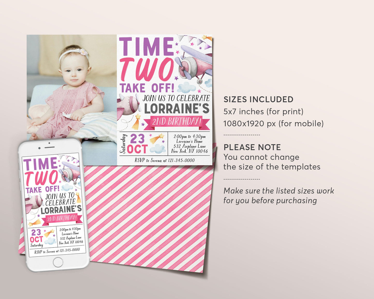 Airplane 2nd Birthday Invitation With Photo Editable Template, Time Two Take Off Girl Second Birthday Party Invite, Aviation Plane Evite