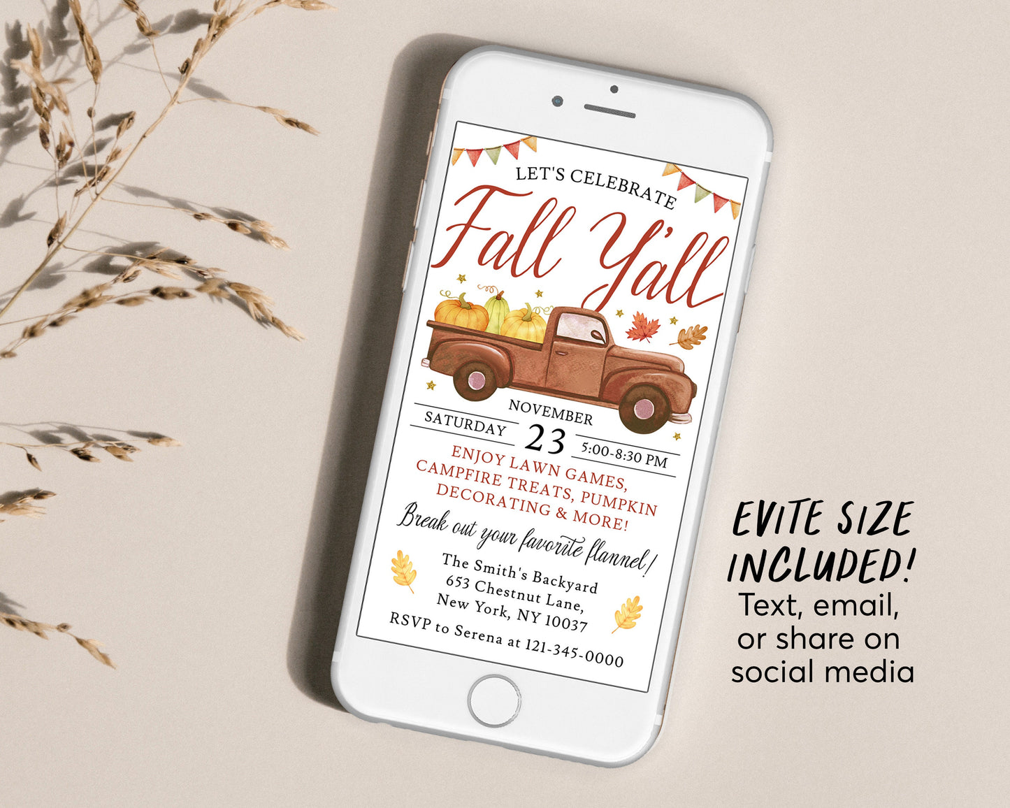 Fall Y'all Party Invitation Editable Template, Fall Festival Party Invite, Autumn Backyard Bonfire Fall Evite Neighborhood Fall Fest Church