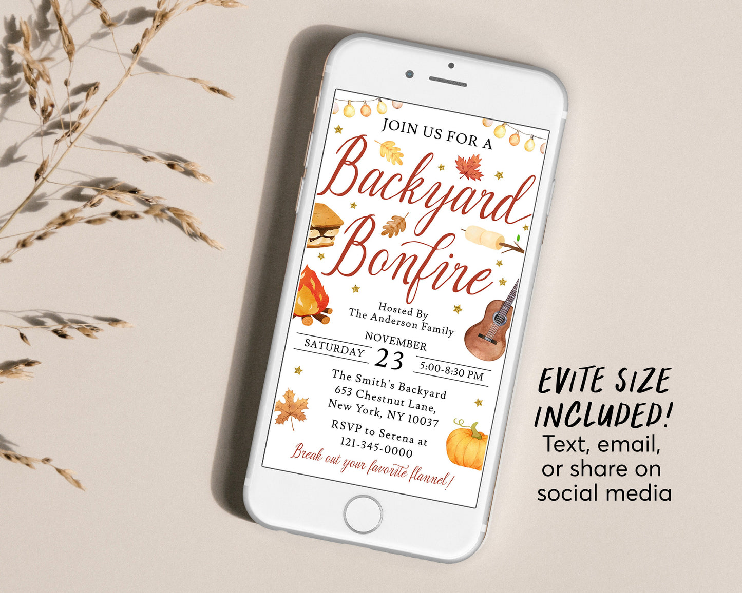 Backyard Bonfire Party Invitation Editable Template, Autumn Bonfire Smores Invite, Neighborhood Fall Fest, Fall Festival Party Evite