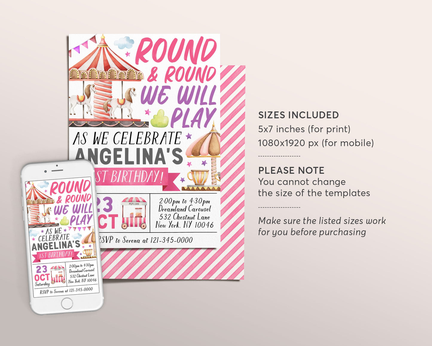 Carousel Birthday Invitation Editable Template, Girl Magical Carousel First Birthday Invite, Merry Go Round Horse Party Carnival Evite