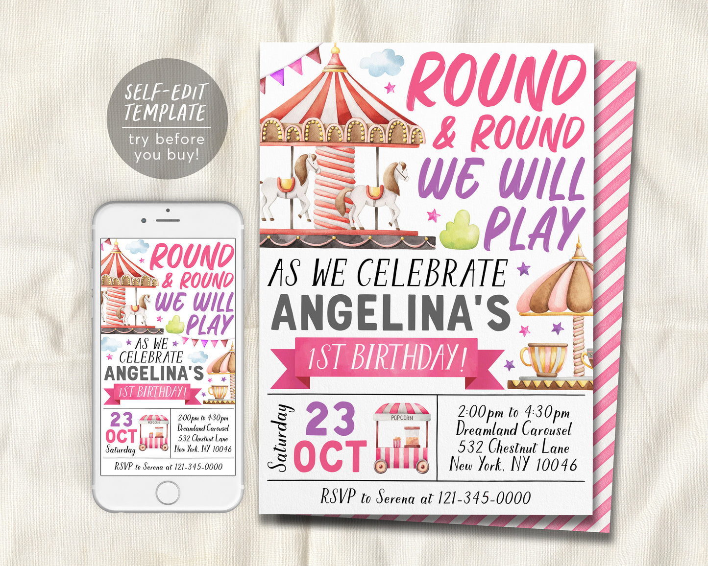 Carousel Birthday Invitation Editable Template