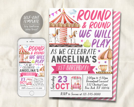 Carousel Birthday Invitation Editable Template