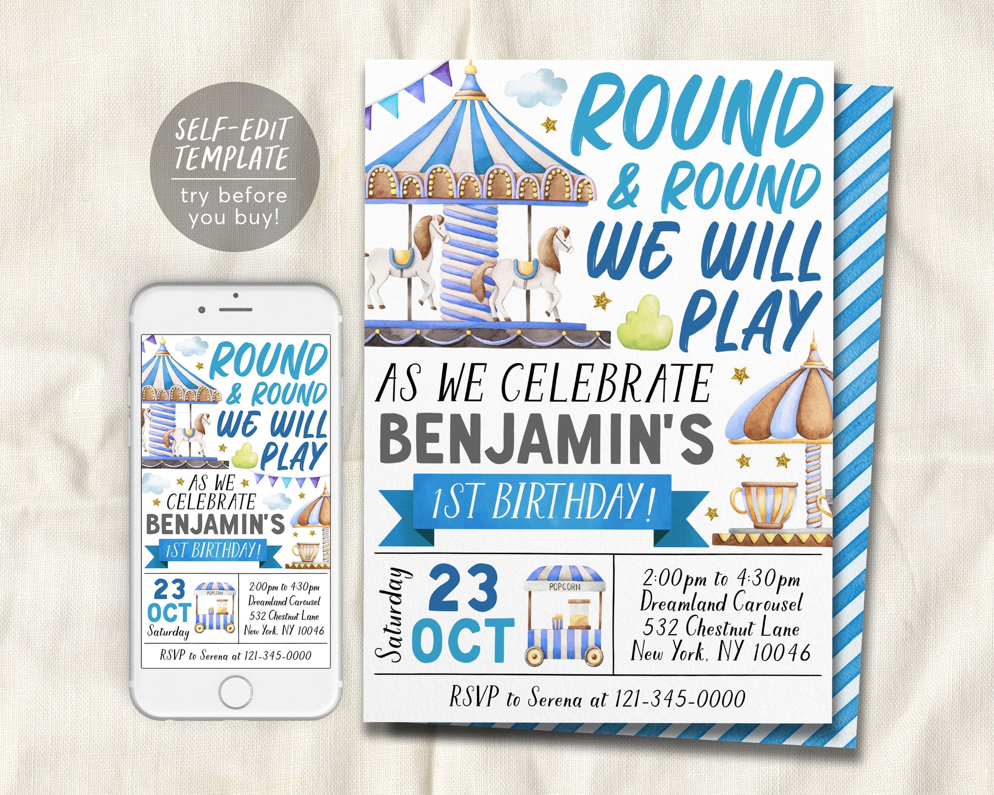 Carousel Birthday Invitation Editable Template